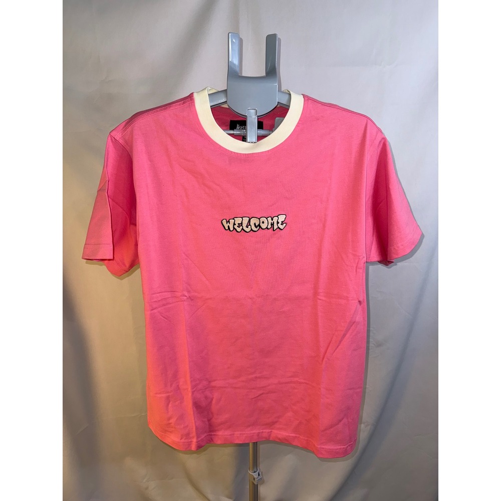 Welcome Skateboarding Mens Pink Ringer T-Shirt Embroidered Logo Size M WELM102